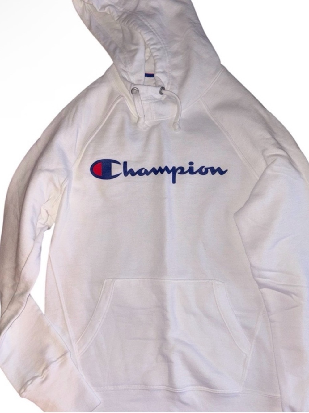 Champion White Pullover Hoodie with Navy & Red Logo Detail